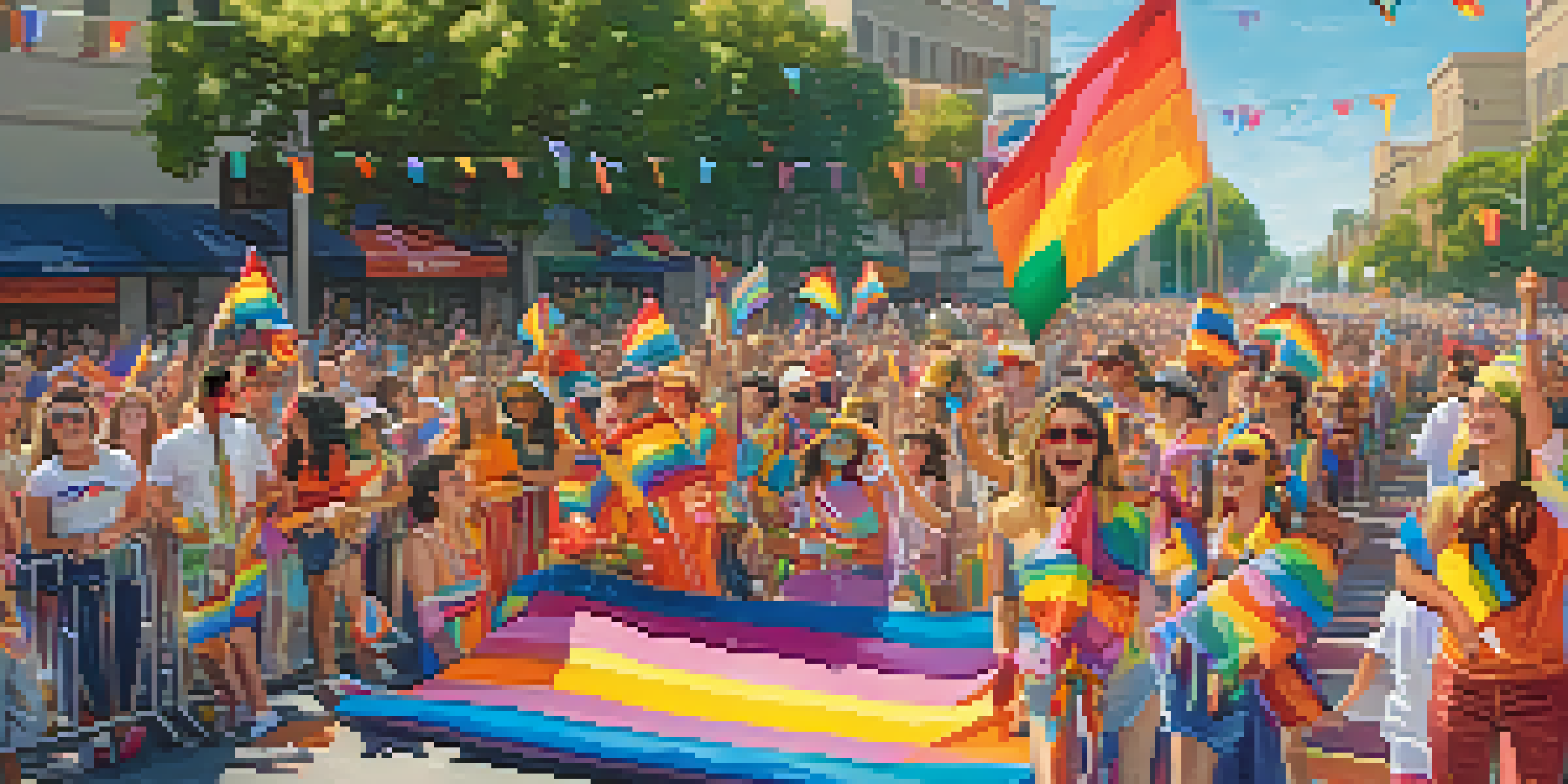 A lively Pride Parade in Pasadena with colorful floats and people celebrating diversity.