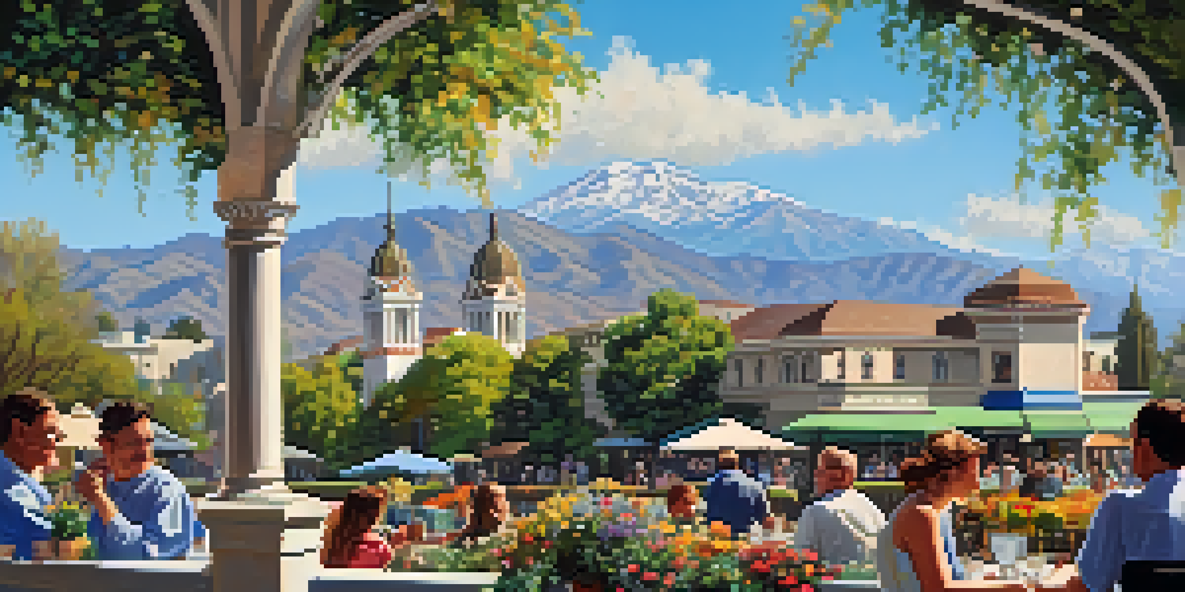 A lively street scene in Old Pasadena with restored historic buildings, cafes, and greenery, set against the backdrop of the San Gabriel Mountains.