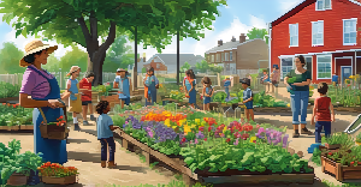A local farmer instructing children in a community garden about gardening techniques, surrounded by vibrant plants and educational signs.
