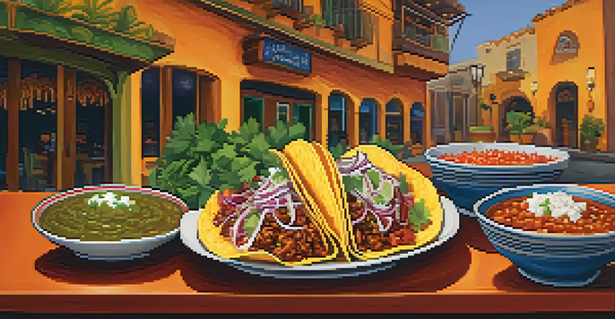 A plate of colorful Mexican tacos topped with cilantro and onions, accompanied by homemade salsas in ceramic bowls, set against the lively decor of a restaurant.