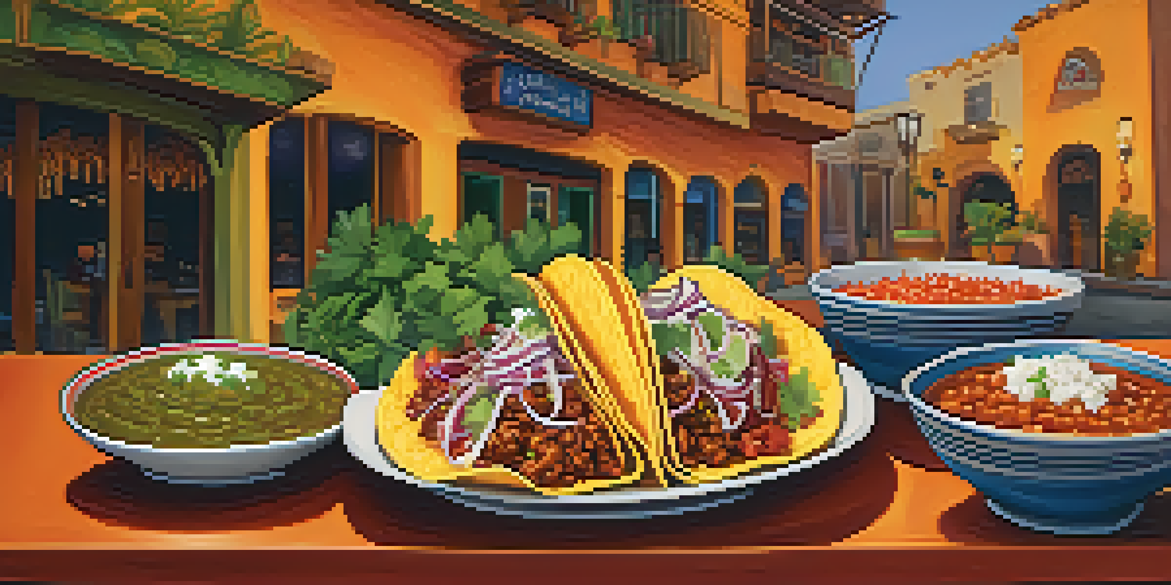 A plate of colorful Mexican tacos topped with cilantro and onions, accompanied by homemade salsas in ceramic bowls, set against the lively decor of a restaurant.
