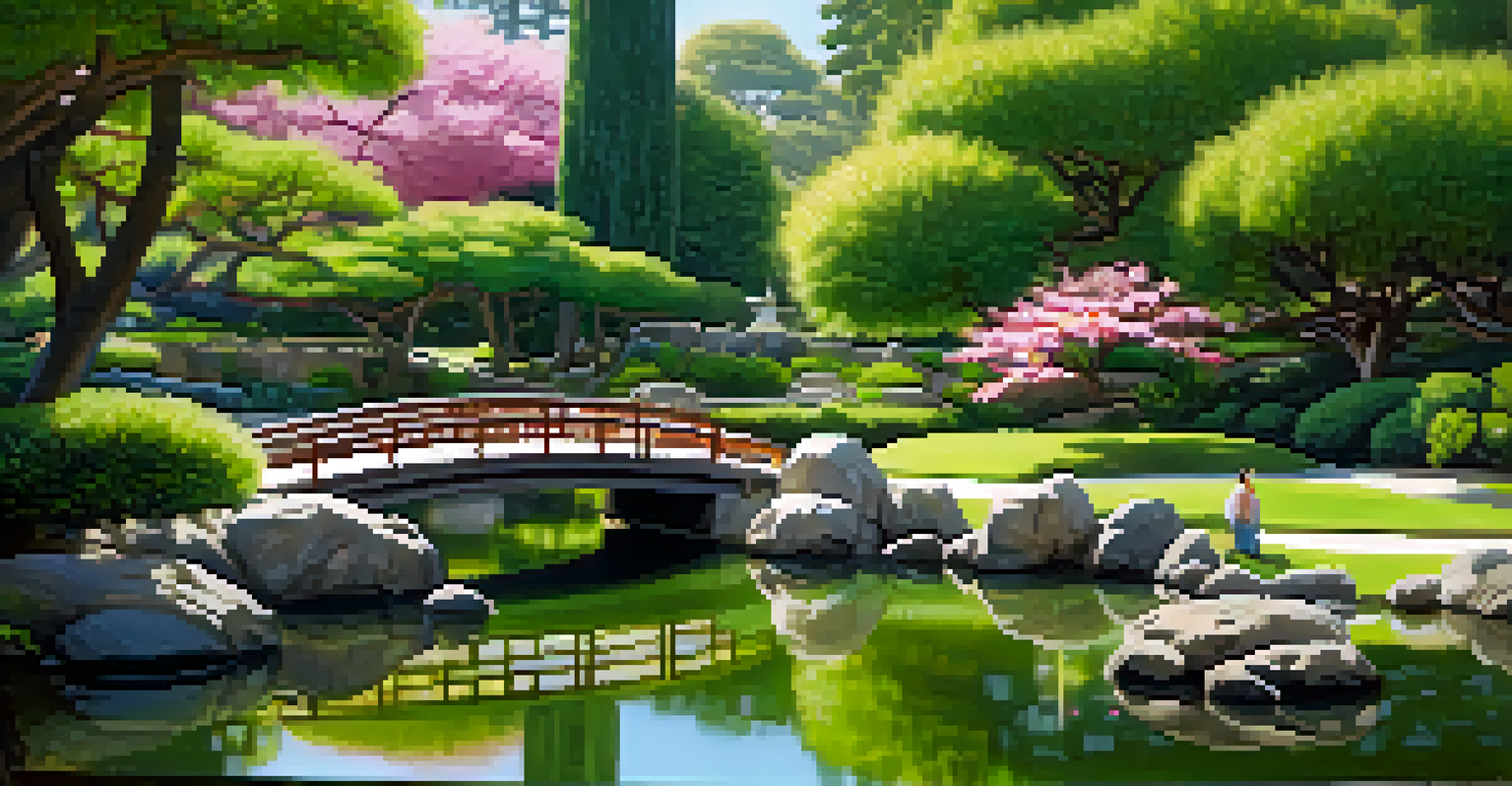 A tranquil Japanese Garden filled with cherry blossoms and serene water features, bathed in soft sunlight.