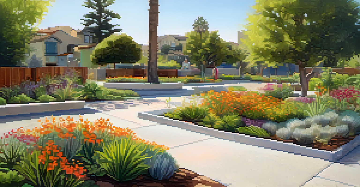 Close-up of a rain garden in Pasadena, showcasing drought-resistant plants and permeable pavements in a sunny setting.