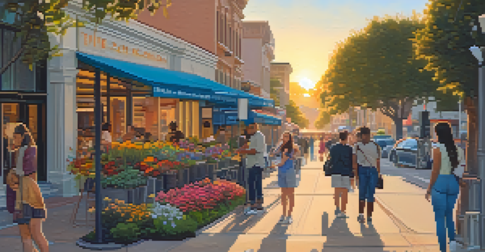 A lively street in Pasadena featuring historic buildings and modern tech startups, with people engaging and colorful flowers adorning the sidewalks, illuminated by a sunset.