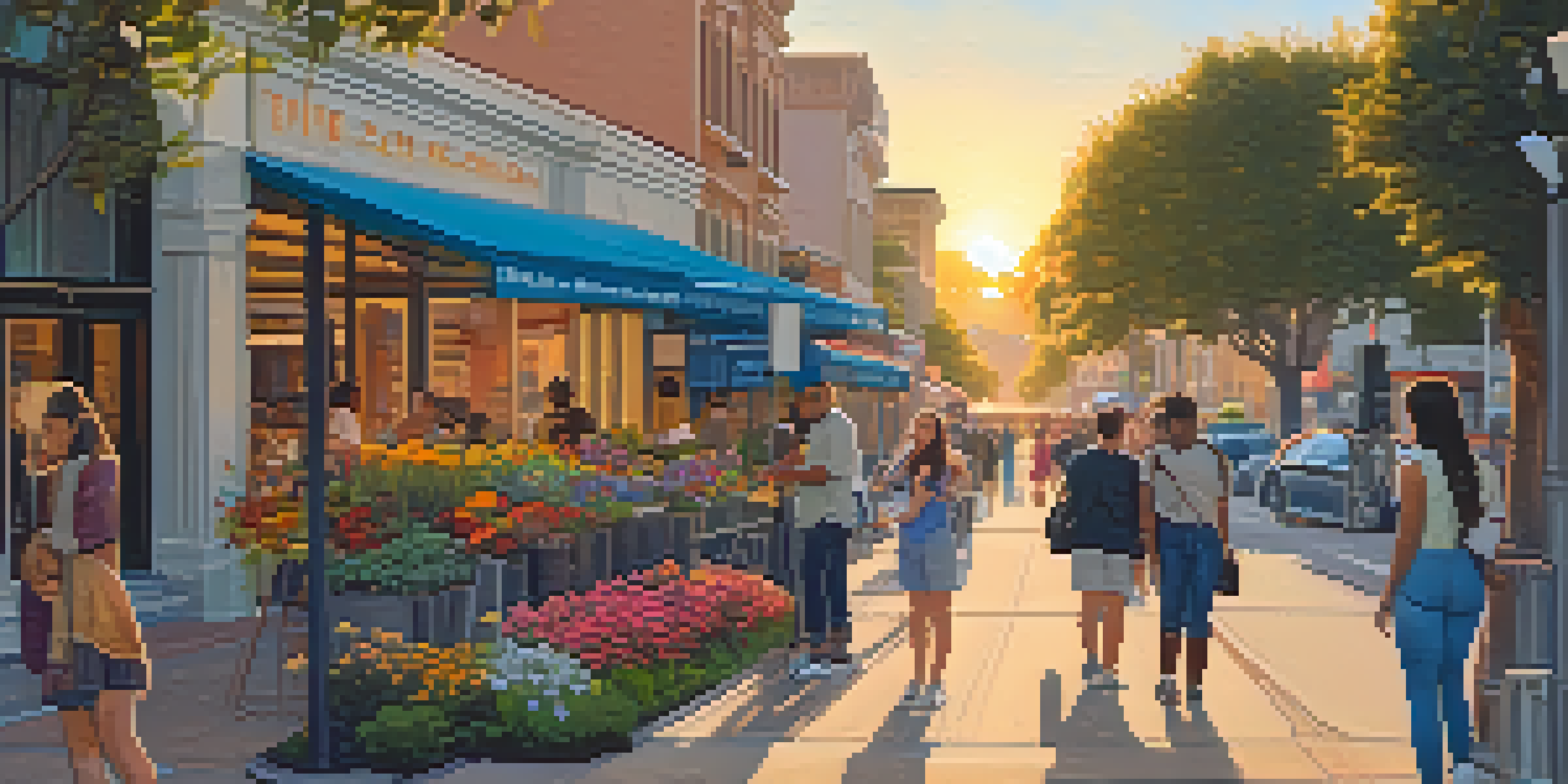 A lively street in Pasadena featuring historic buildings and modern tech startups, with people engaging and colorful flowers adorning the sidewalks, illuminated by a sunset.