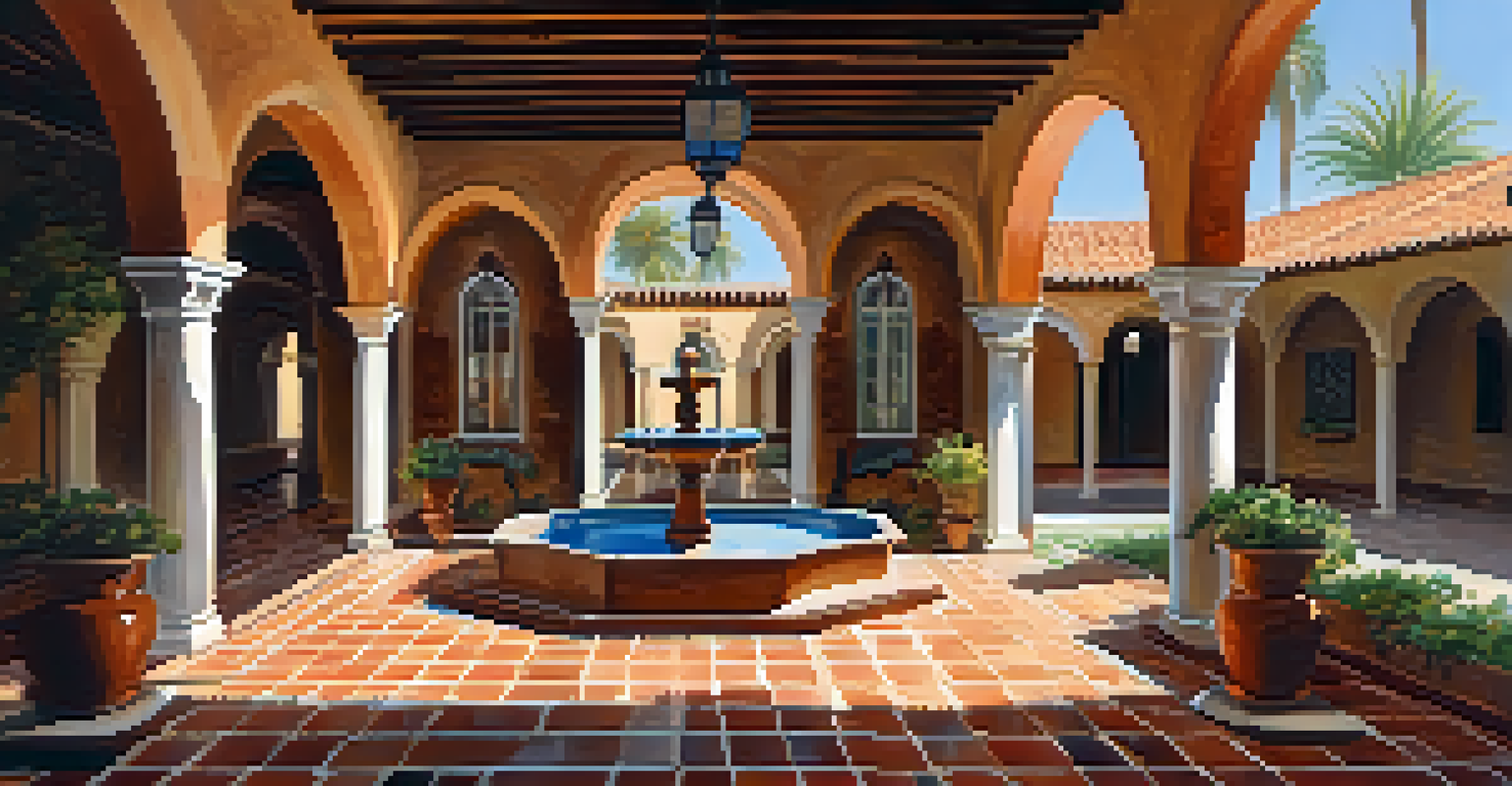 A charming courtyard with a central fountain, colorful tiles, and tall arches typical of Spanish Colonial Revival architecture.