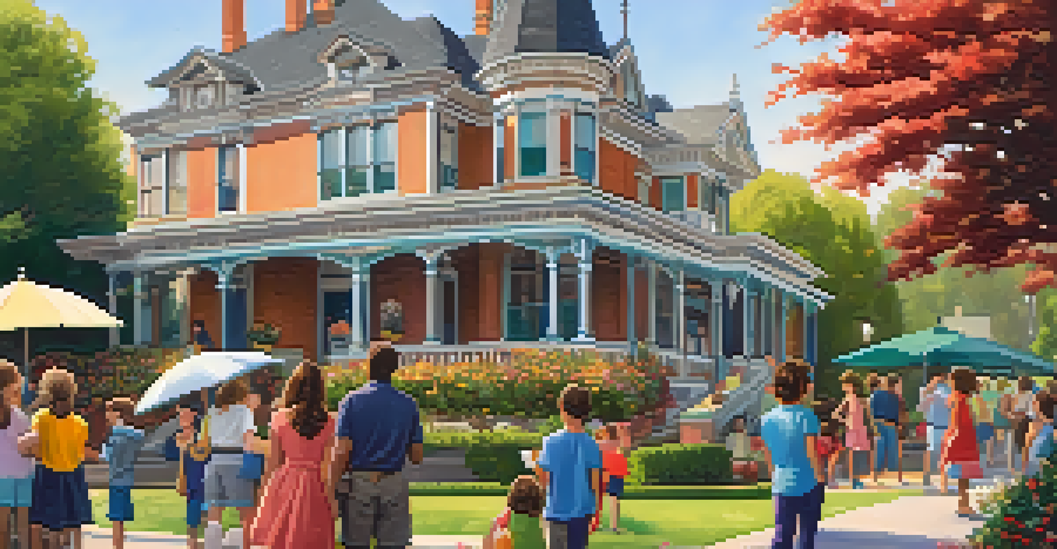 A family-friendly tour in Pasadena with children and parents listening to a guide in front of a Victorian mansion.