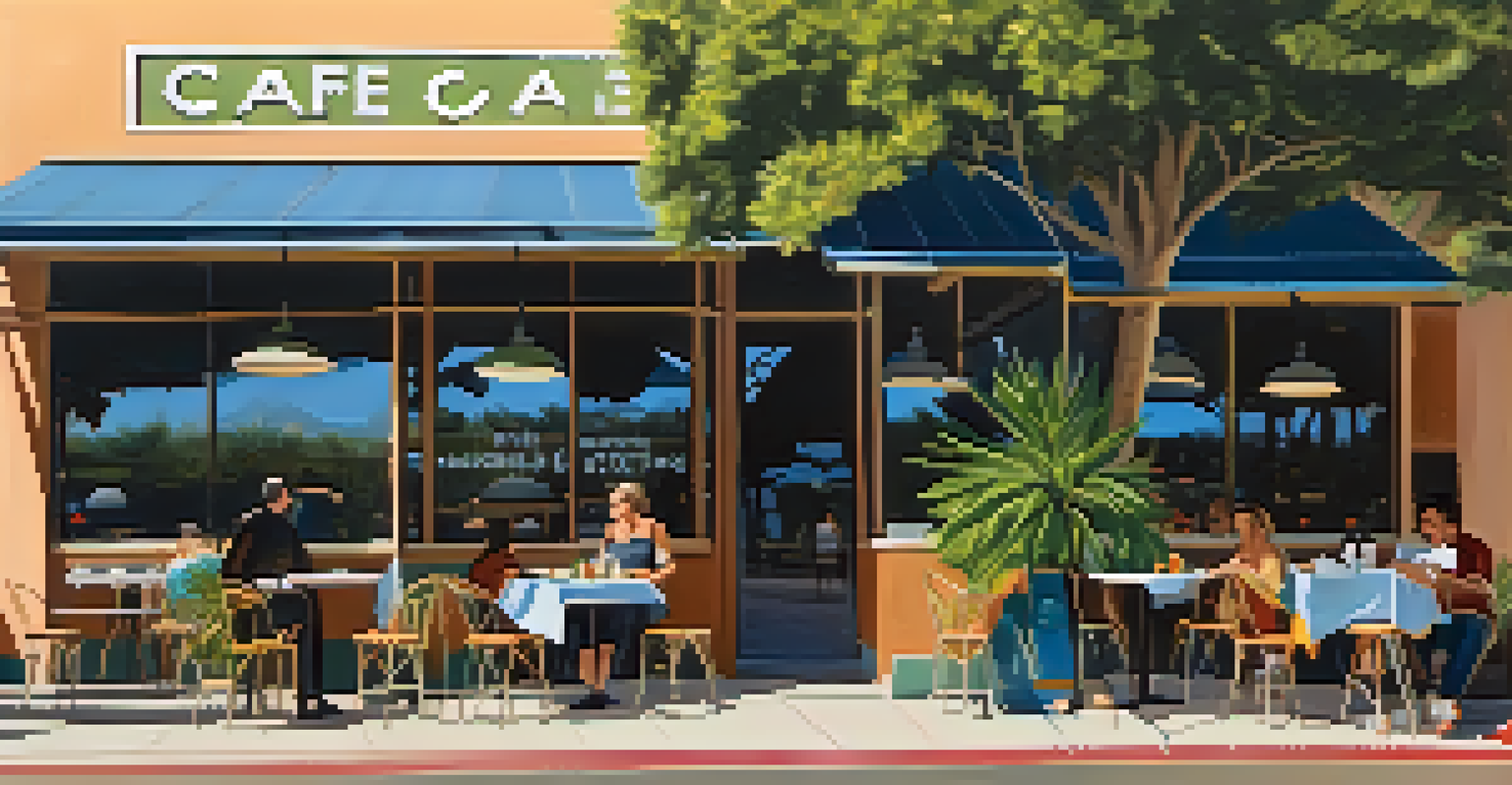 A café in Pasadena with outdoor seating, potted plants, and solar lamps, promoting renewable energy while patrons enjoy their meals.