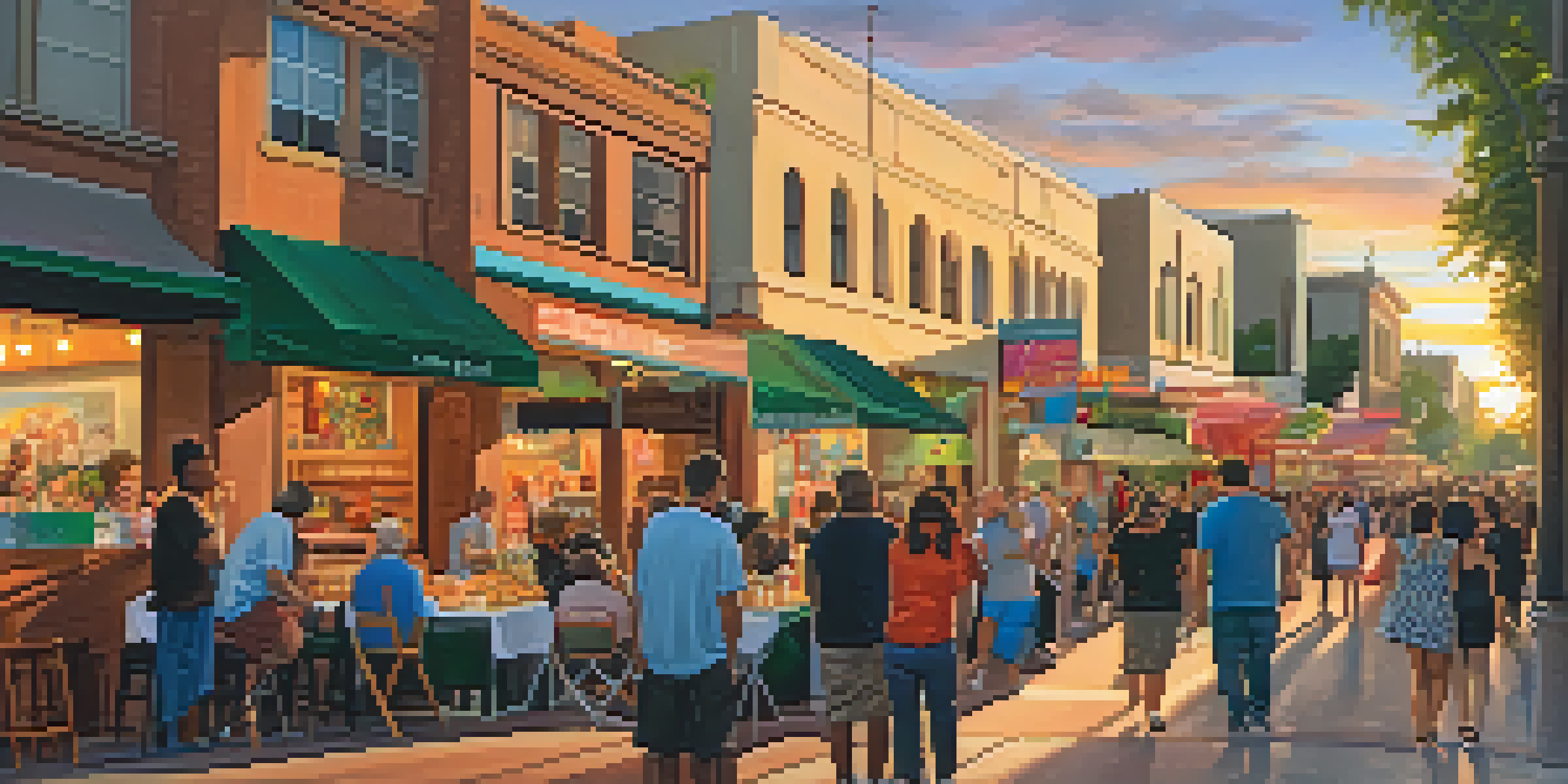 A lively street scene during Pasadena's Art Walk, with artists showcasing their work, colorful murals, and visitors enjoying the festivities under a warm sunset.
