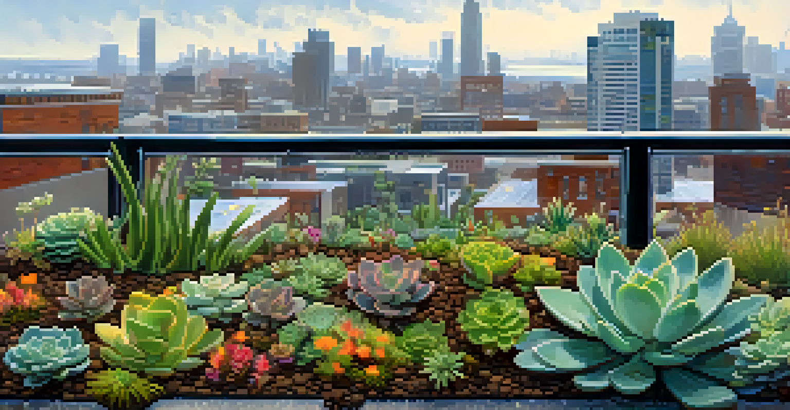 A close-up of a green roof with various plants and glistening raindrops, showcasing the textures and urban skyline behind.