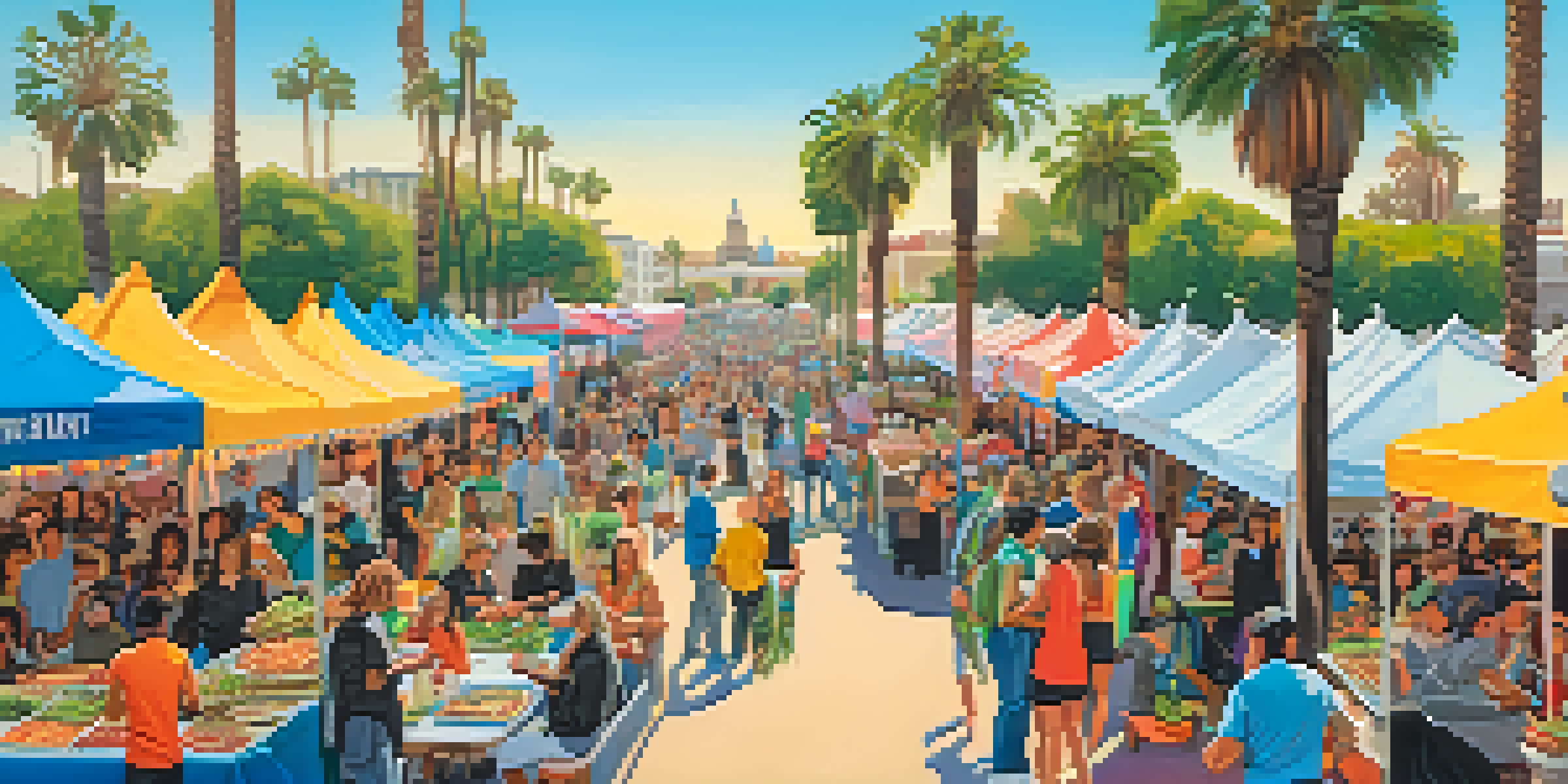 A lively vegan food festival with food stalls and diverse attendees enjoying plant-based dishes under a sunny sky.