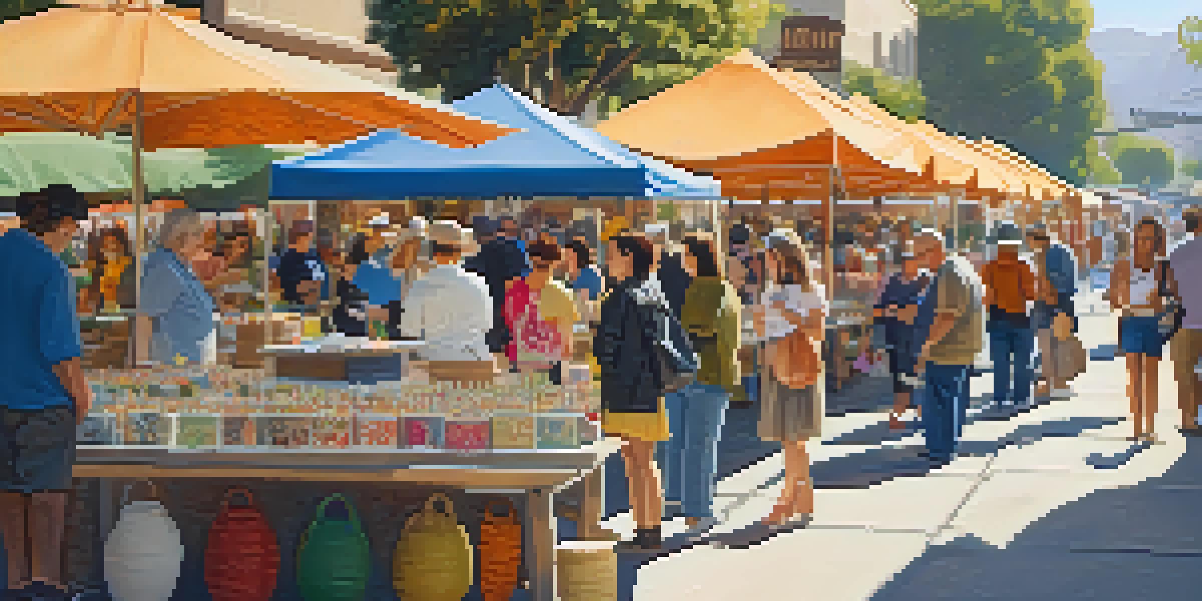 A lively outdoor craft fair in Pasadena with colorful booths displaying handmade goods and cheerful visitors interacting with artisans under bright sunlight.