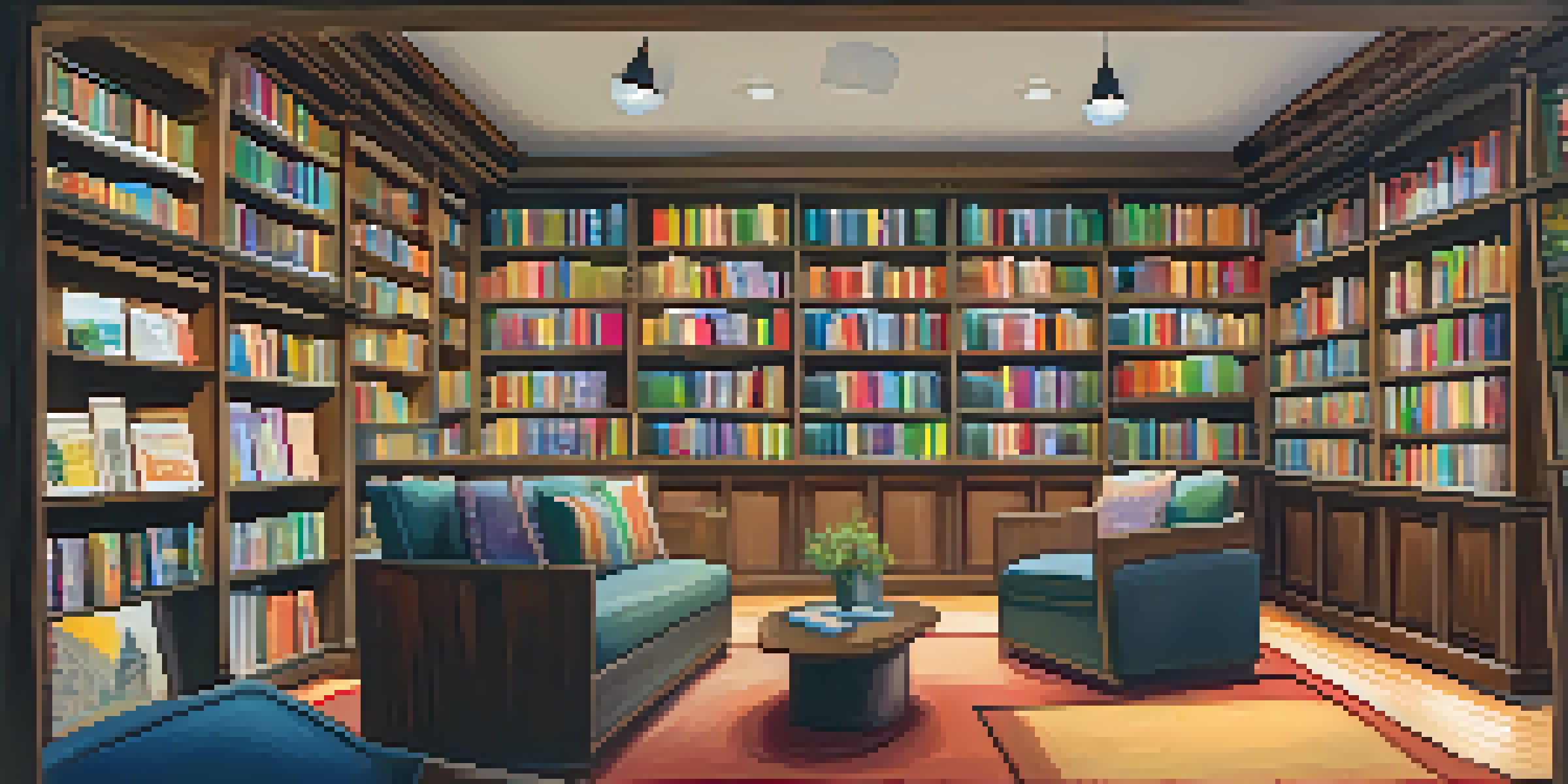 A cozy independent bookstore with wooden shelves filled with colorful books, soft lighting, and a reading nook with armchairs.