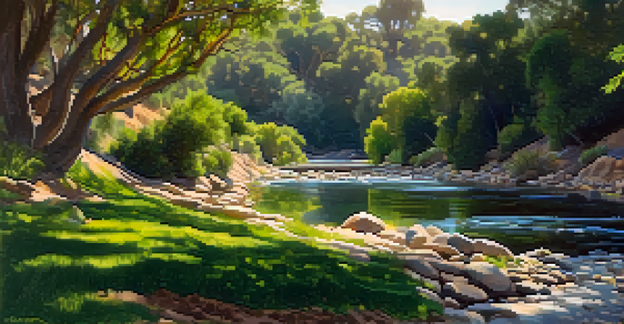 A peaceful river scene with pottery shards, sunlight filtering through trees, and wildflowers along the water's edge.