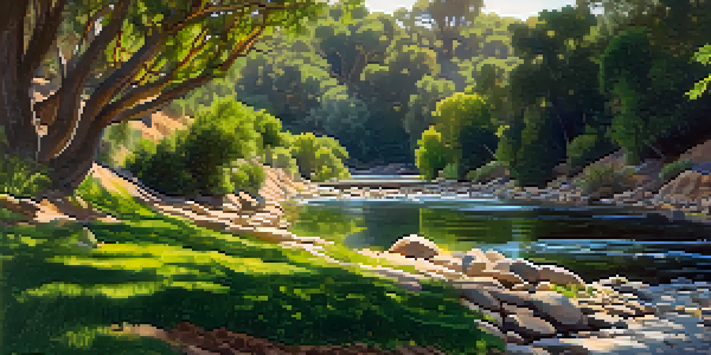 A peaceful river scene with pottery shards, sunlight filtering through trees, and wildflowers along the water's edge.