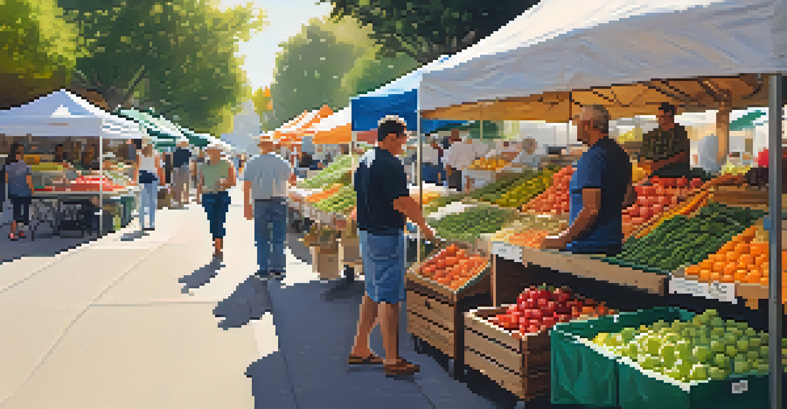 A bustling farmers market with colorful stalls of fresh produce and happy customers.