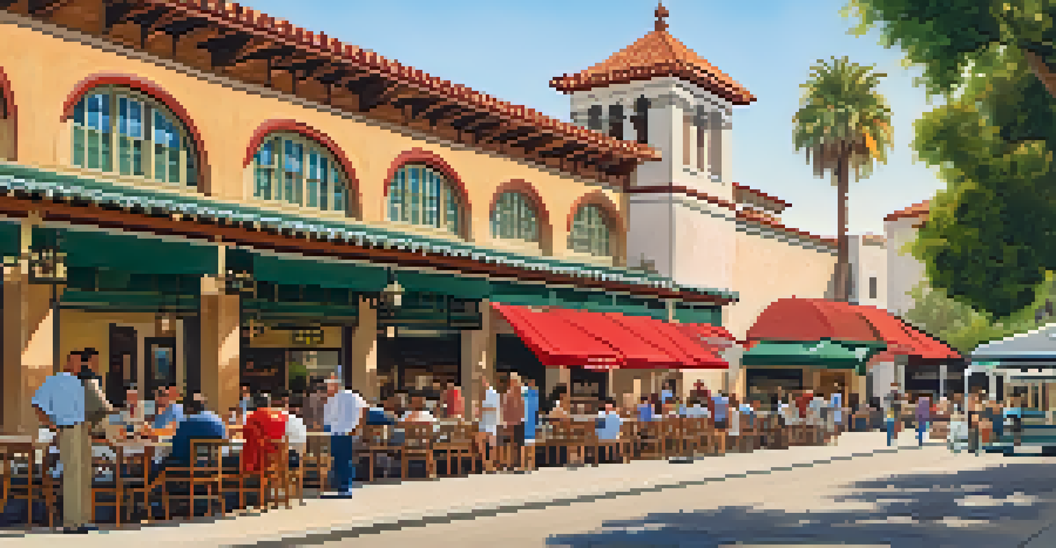 A lively street scene in Pasadena's Old Town showcasing Mission Revival architecture and outdoor dining.