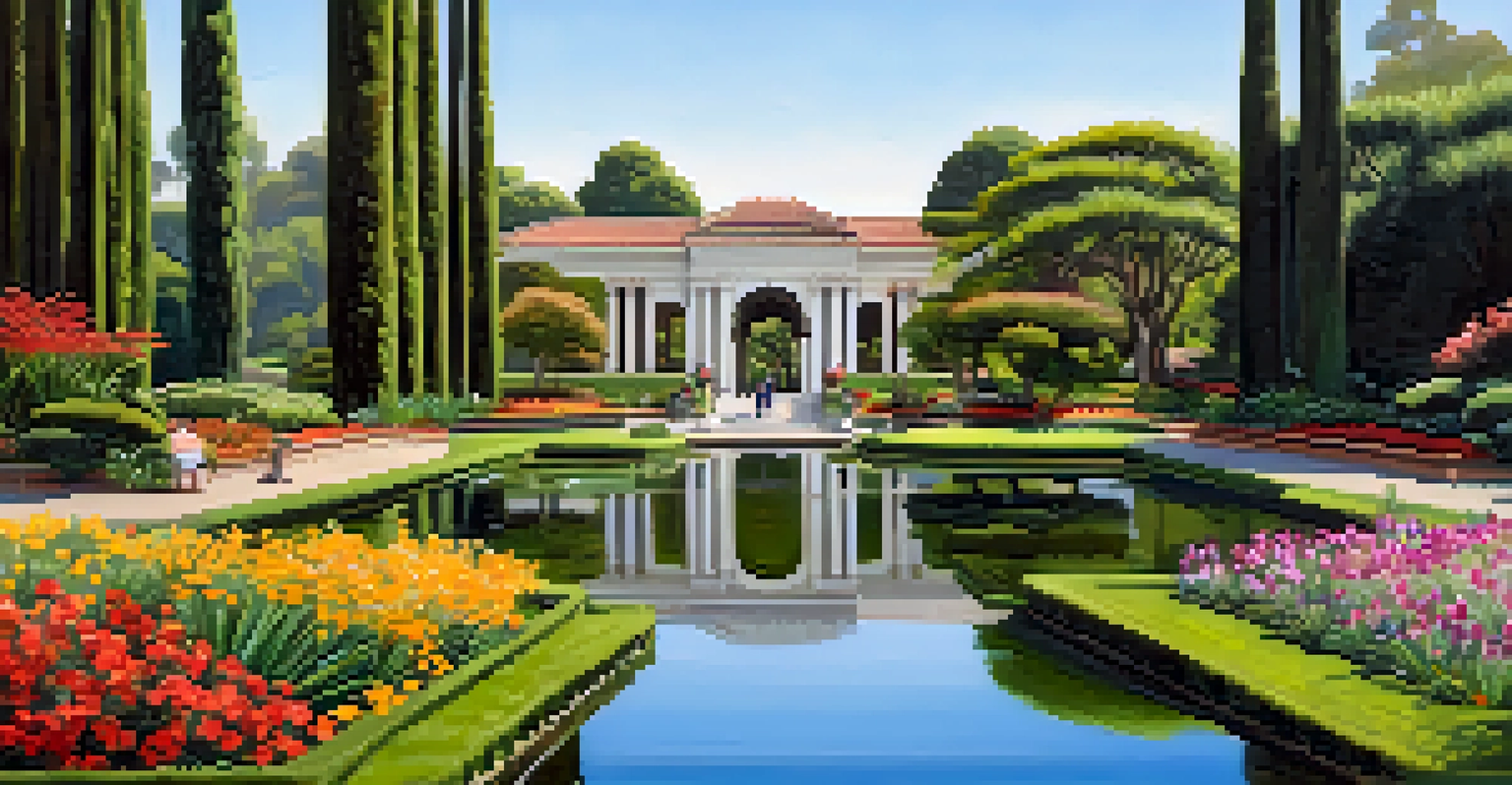 Visitors walking along a flower-lined pathway in the Huntington Library's Botanical Gardens with a pond in the background.