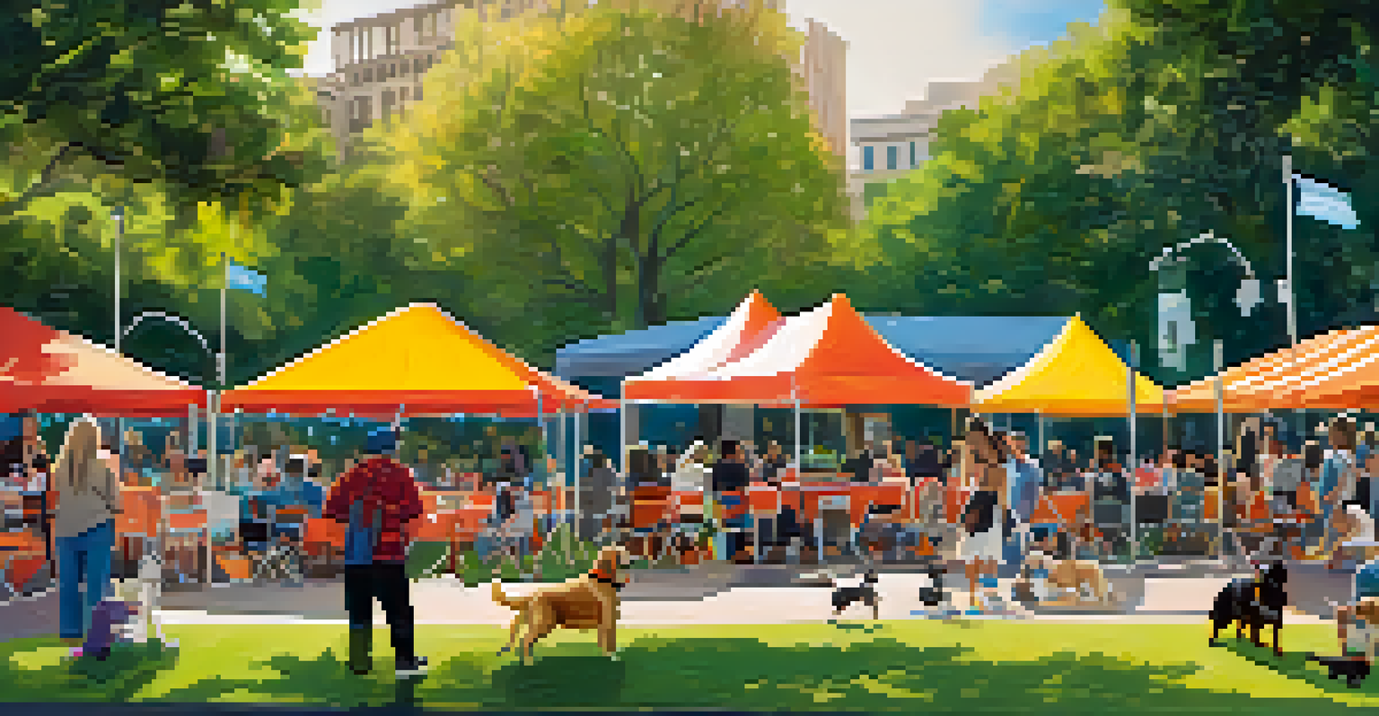 A vibrant dog event in a park with dogs playing and owners socializing, featuring food trucks and colorful banners.