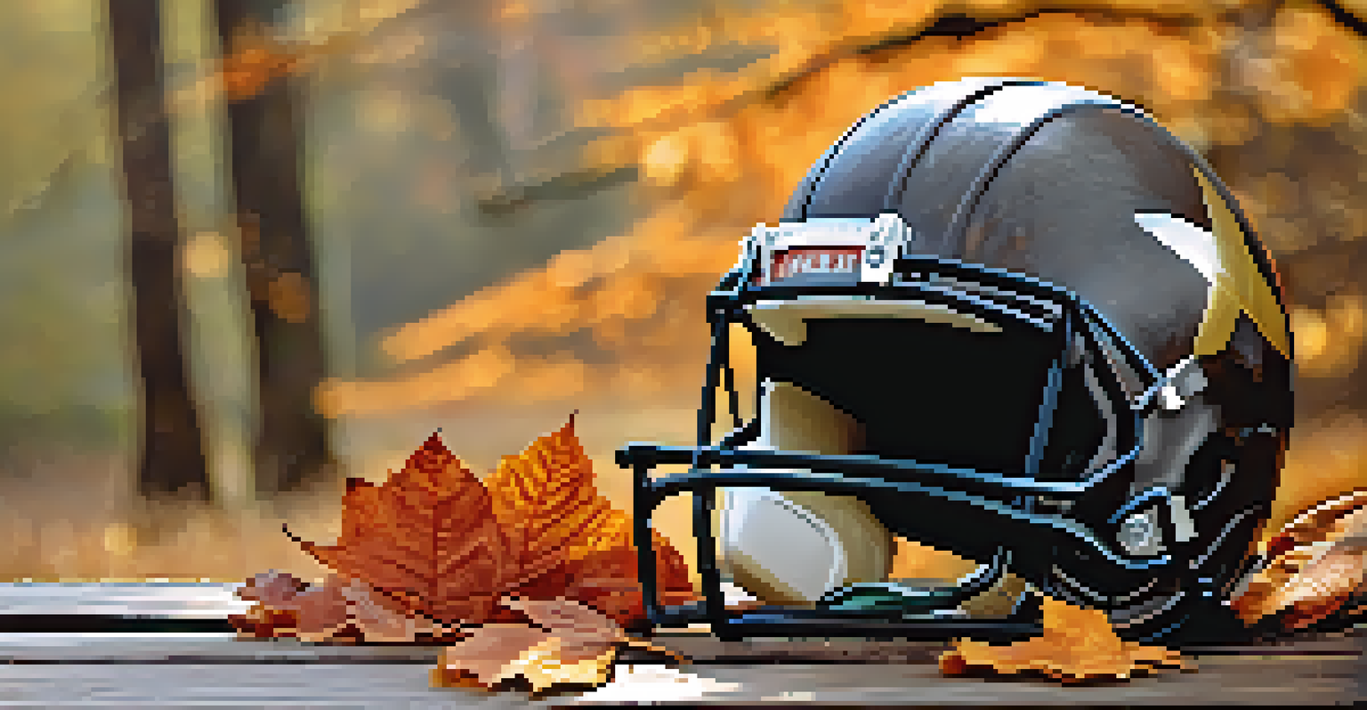 An old football helmet on a wooden bench, surrounded by autumn leaves, with an ethereal glow suggesting a ghostly connection.