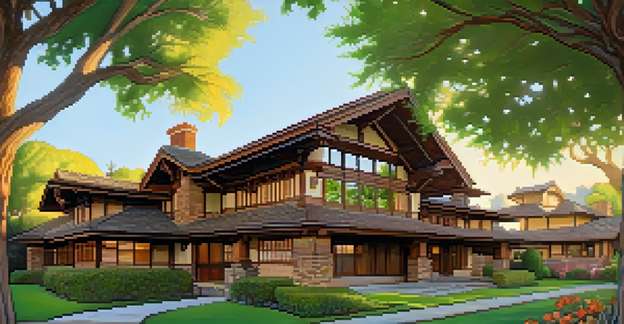 A view of the Gamble House with intricate woodwork and stained glass, surrounded by colorful gardens in golden afternoon light.