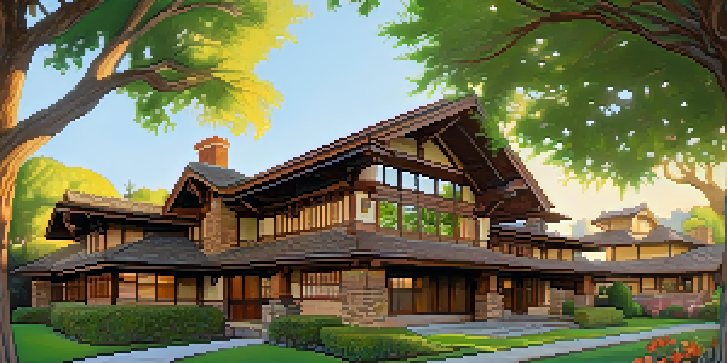 A view of the Gamble House with intricate woodwork and stained glass, surrounded by colorful gardens in golden afternoon light.