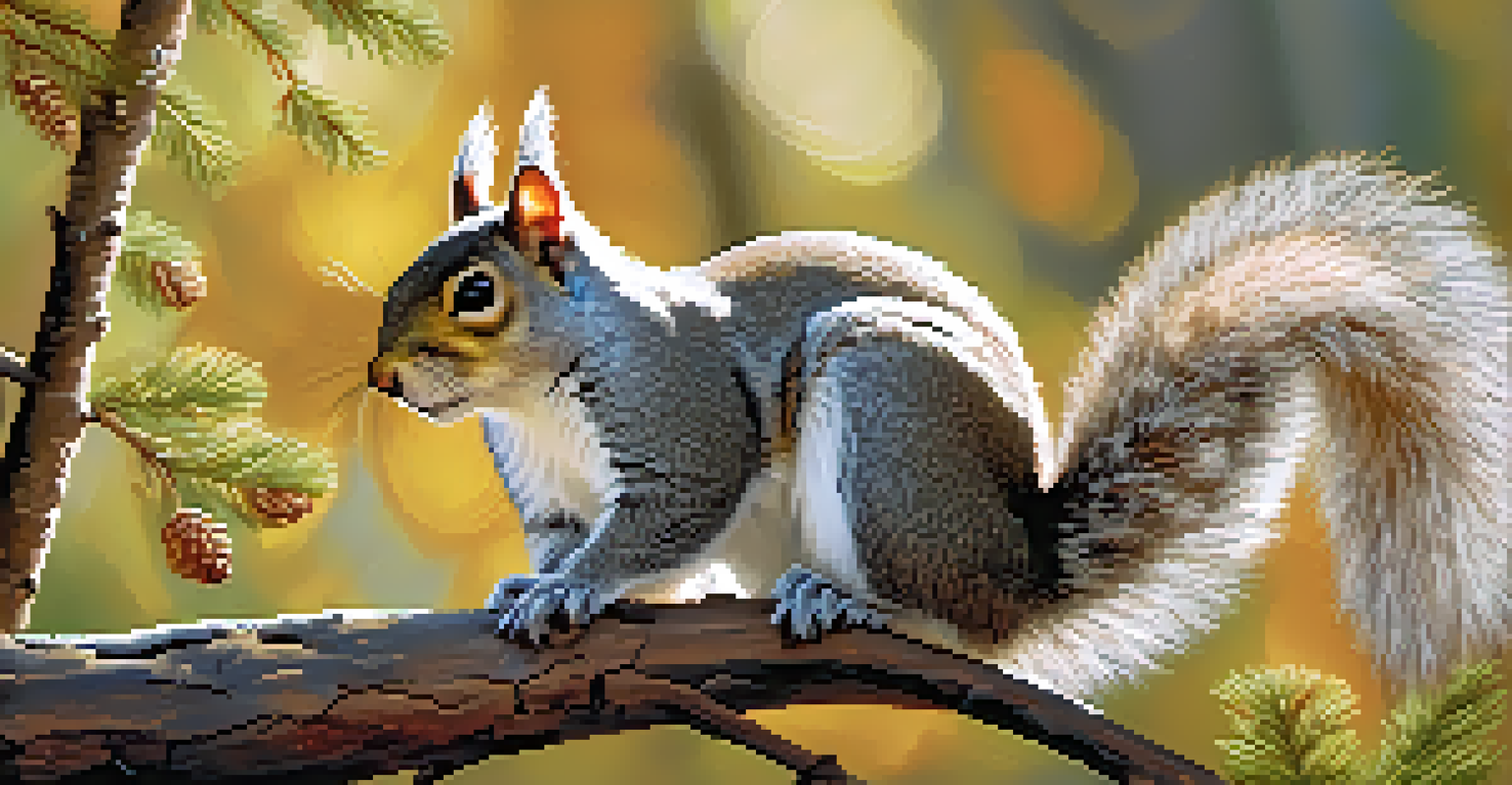 A Western Gray Squirrel with a bushy tail sitting on a tree branch in a sun-dappled forest filled with acorns.