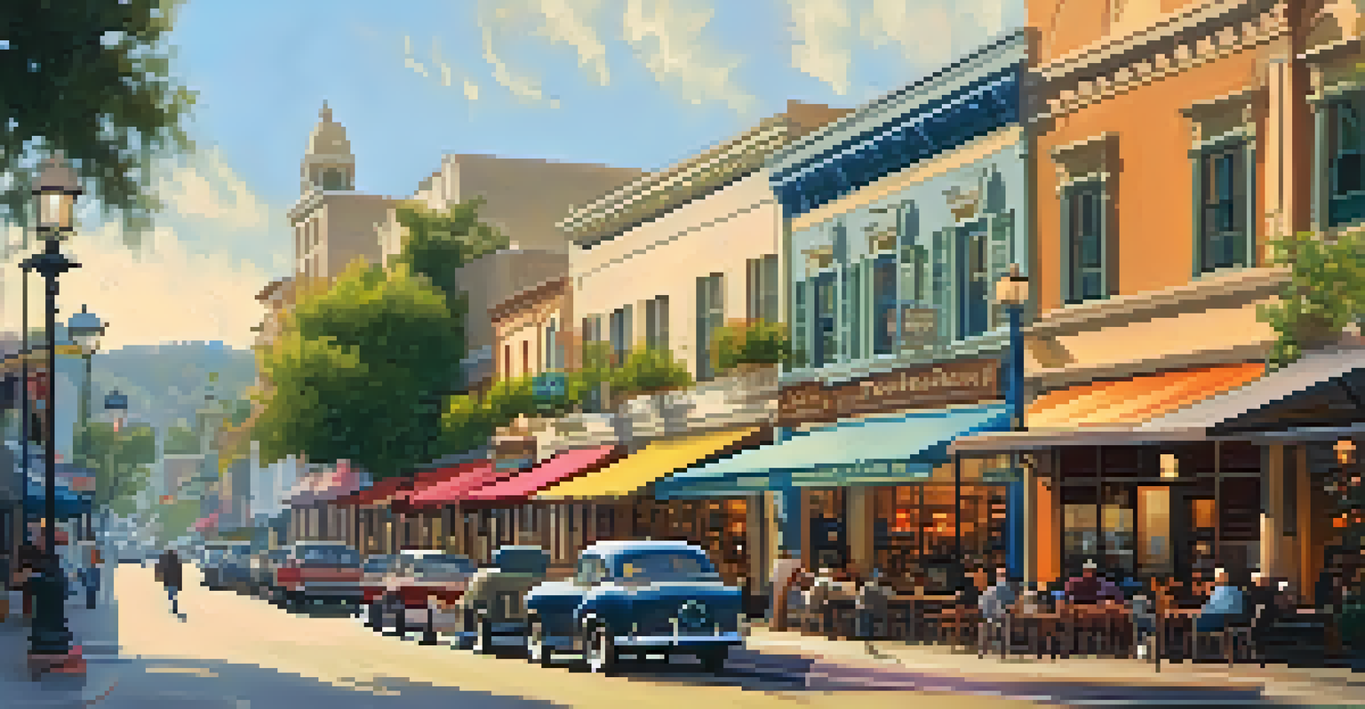 A picturesque view of Old Town Pasadena, featuring historic buildings, shops, and people walking along the lively streets.
