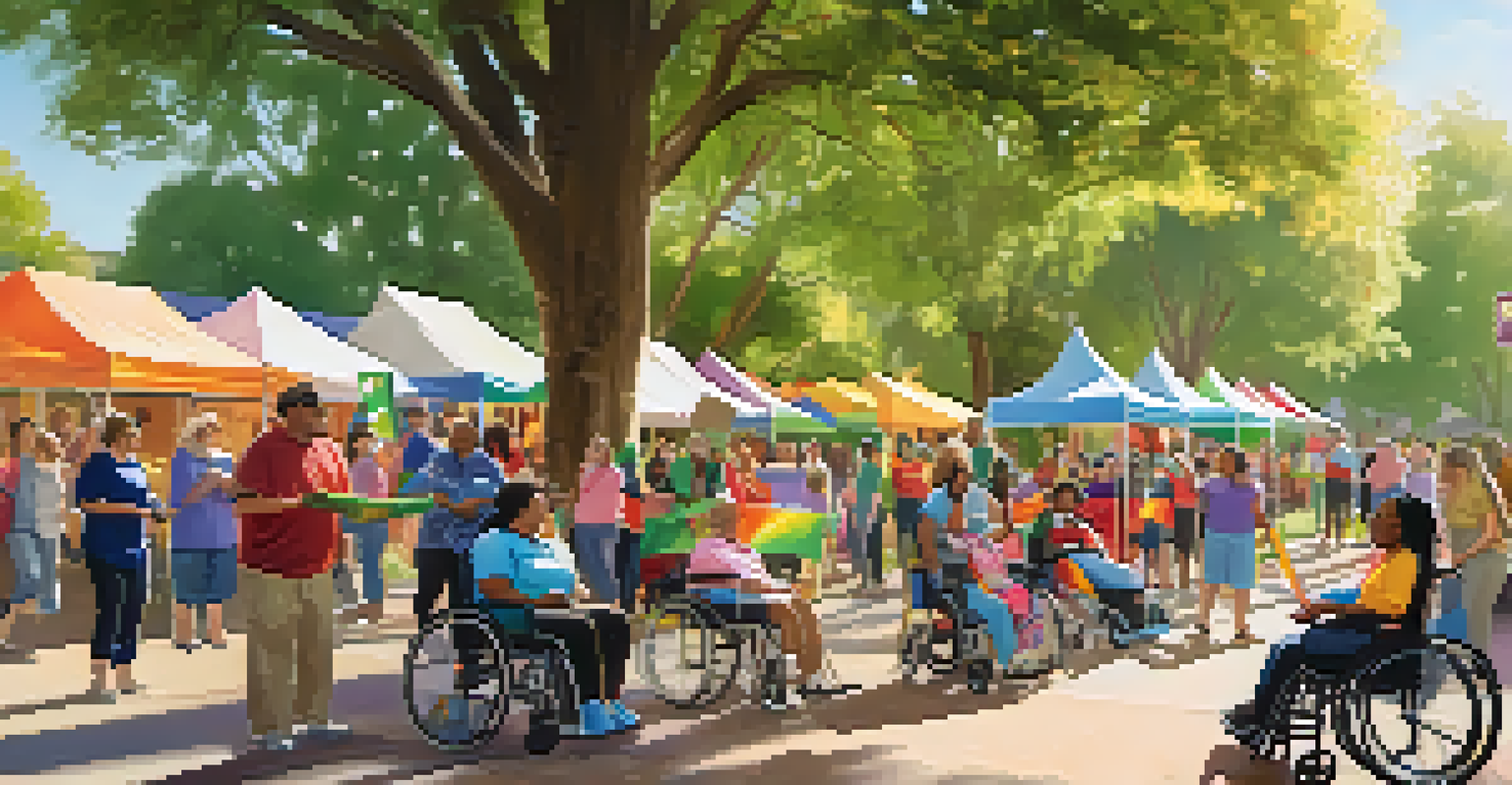 A community event in a park in Pasadena with people celebrating Disability Awareness Month, surrounded by colorful banners and adaptive equipment, creating a joyful atmosphere.