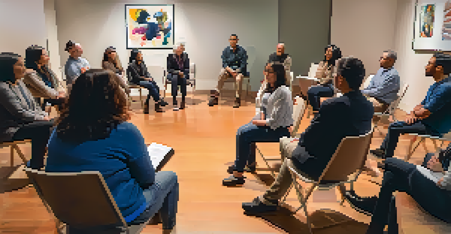 A panel discussion workshop in Pasadena with artists from diverse backgrounds sharing their experiences, surrounded by cultural artwork.
