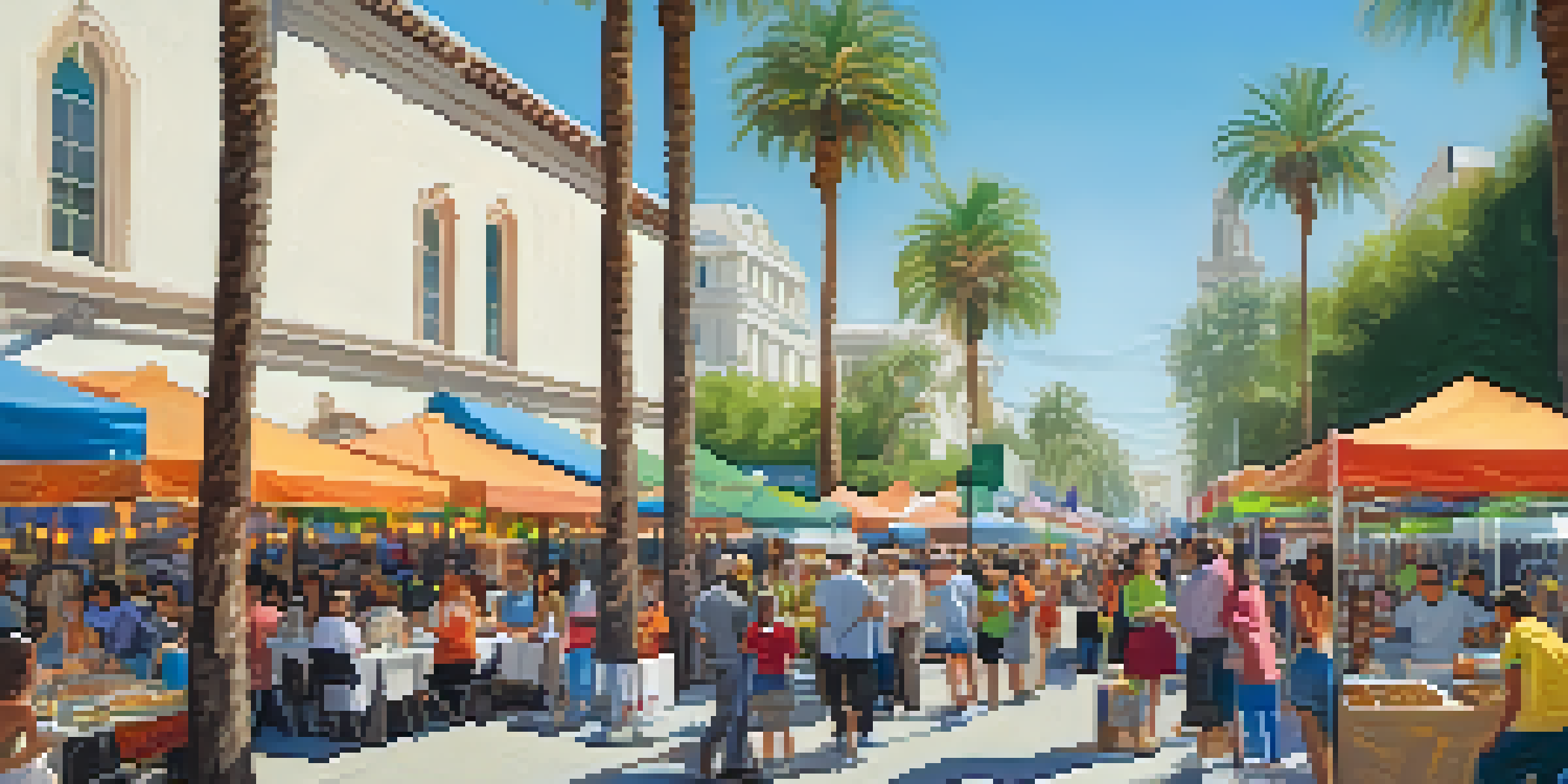 A bustling food festival in Pasadena with colorful booths and chefs interacting with visitors, surrounded by palm trees and string lights.