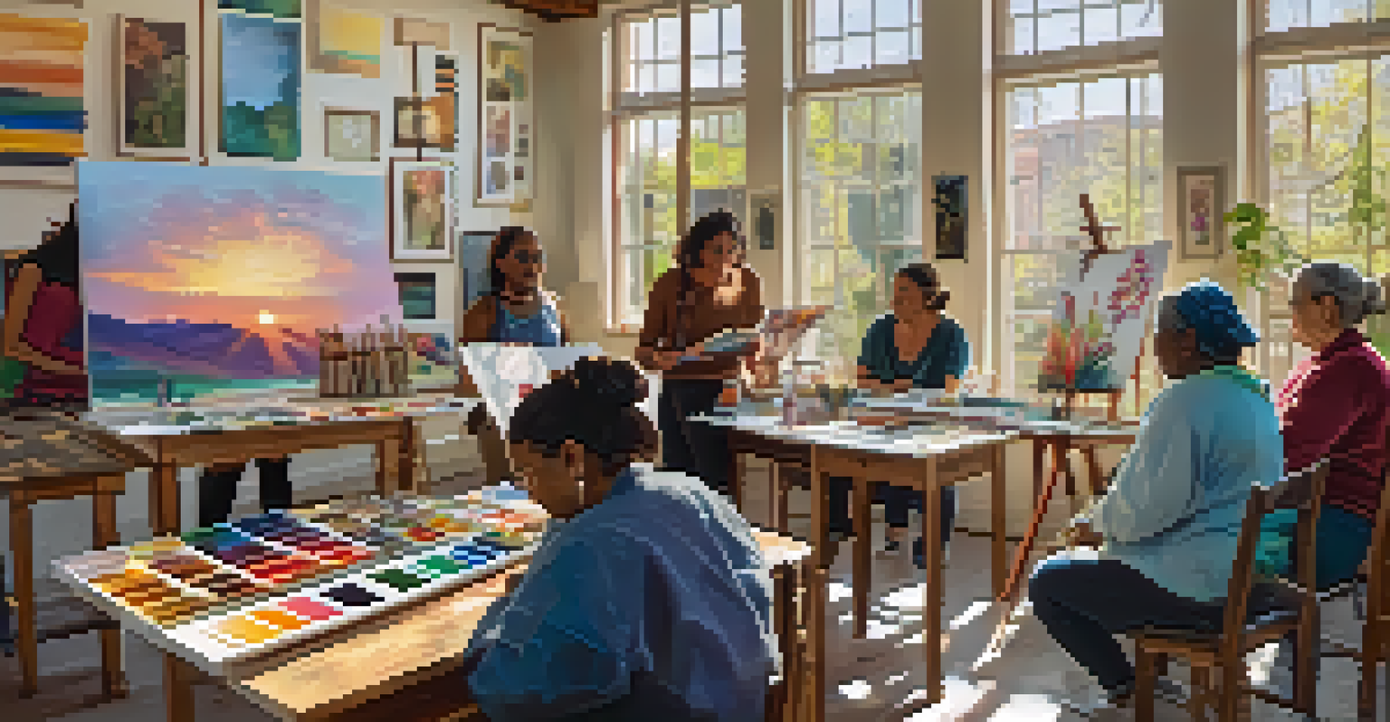 An art workshop led by Maria Gonzalez with community members painting in a bright and colorful studio.