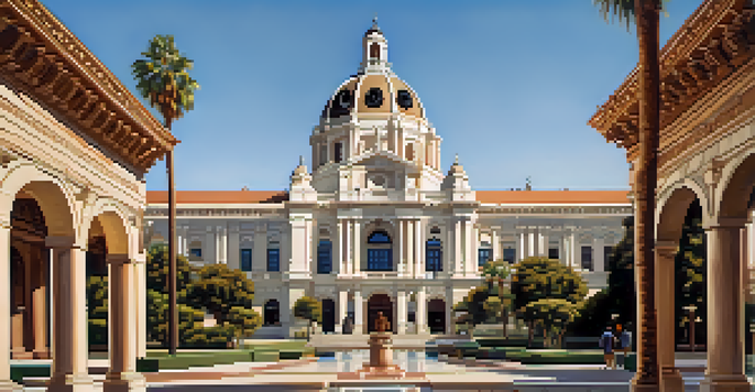 A view of Pasadena City Hall featuring its grand dome and intricate architectural details under a clear blue sky.