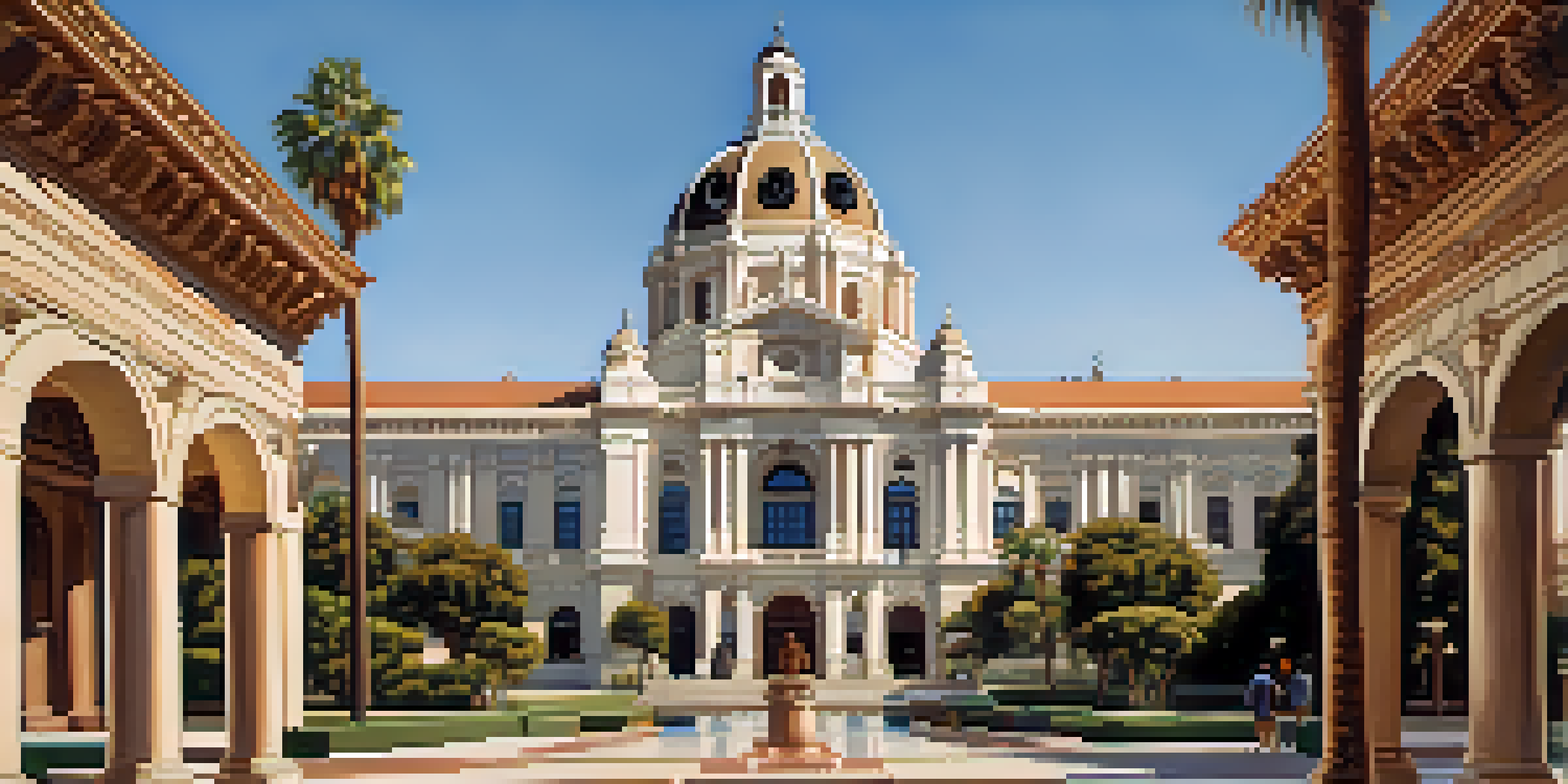 A view of Pasadena City Hall featuring its grand dome and intricate architectural details under a clear blue sky.
