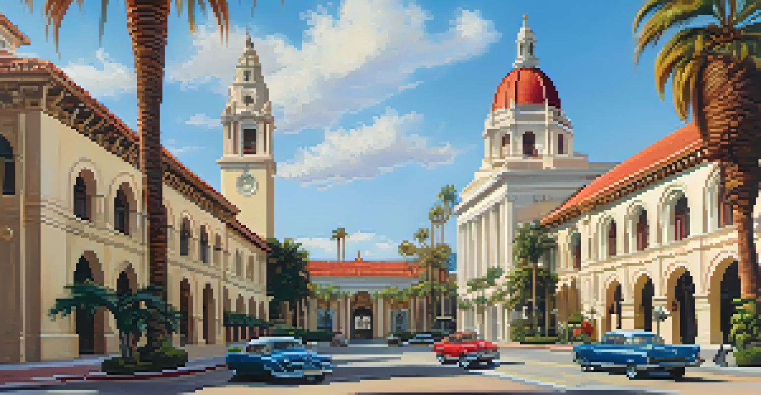 Pasadena City Hall with its iconic arches and palm trees, showcasing Spanish Revival architecture.