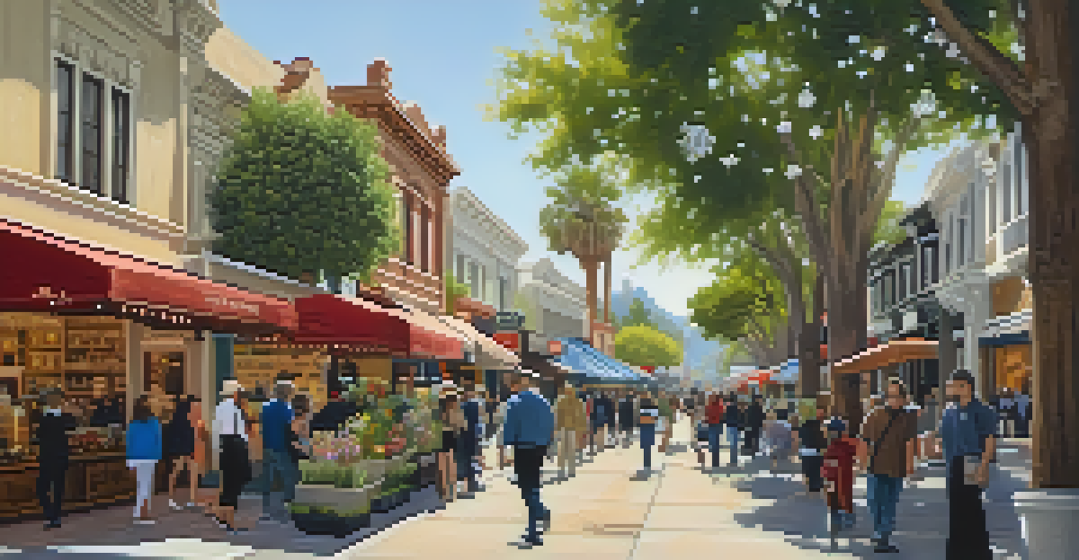 A bustling street in Old Town Pasadena with historic architecture, shops, and people enjoying the vibrant atmosphere.