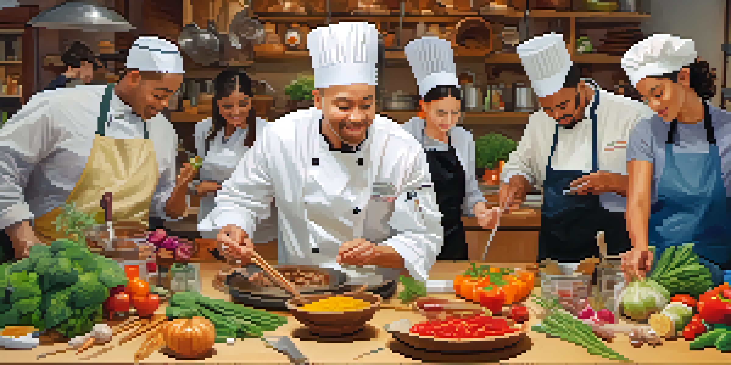 A colorful culinary workshop in Pasadena with participants cooking together, surrounded by fresh ingredients and a chef demonstrating techniques.