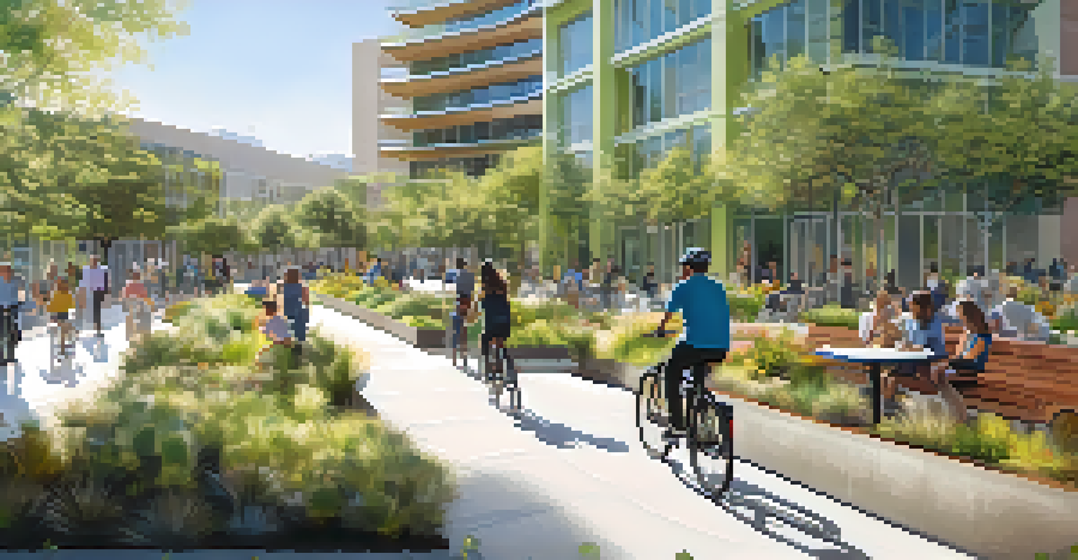 A green space in Pasadena's Mobility Hub with native plants and seating areas, set against modern architecture, with people biking and walking.