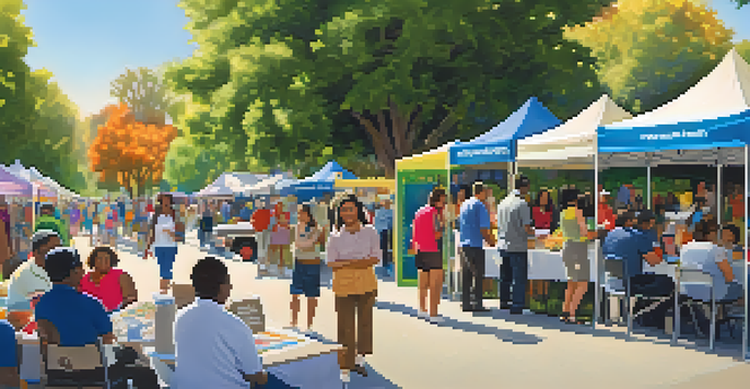 A lively community health fair with people participating in health screenings and workshops under the sunlight.