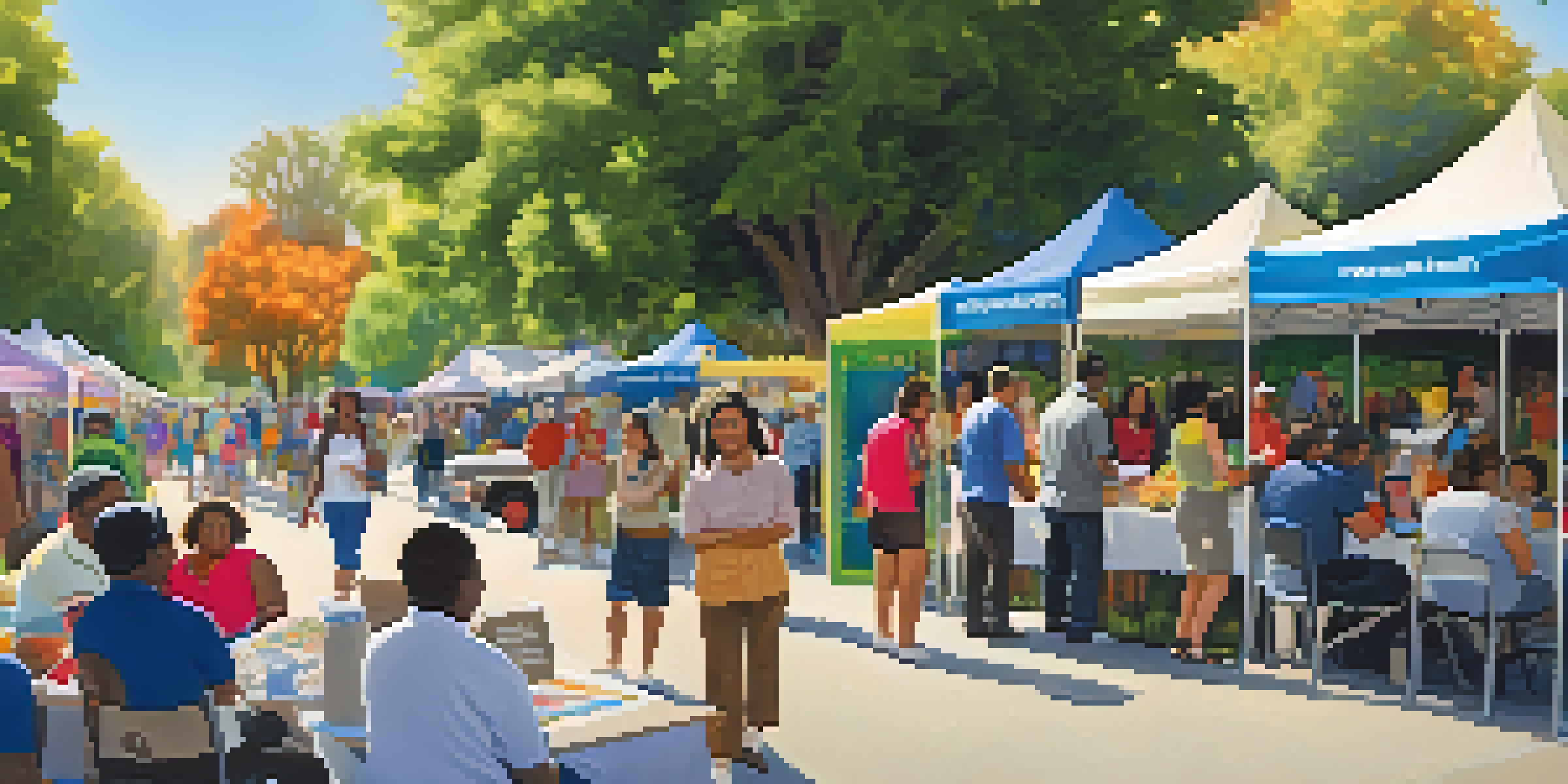 A lively community health fair with people participating in health screenings and workshops under the sunlight.