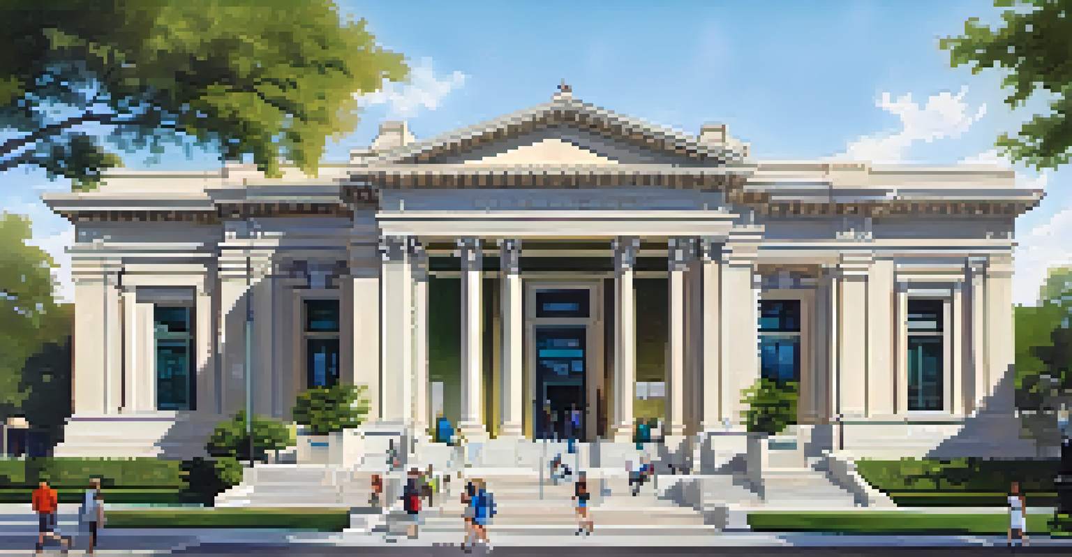 The exterior of the Central Library in Pasadena, showcasing its architectural blend of modern and classical styles with people entering.
