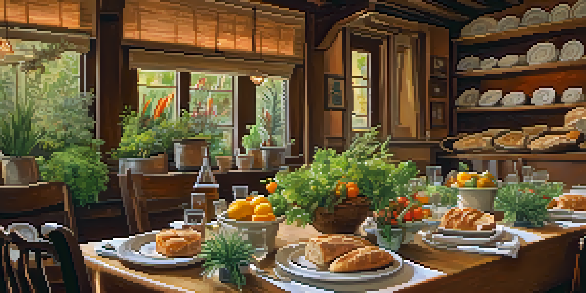 A warm and inviting dining setup at Chez Panisse with fresh produce and artisanal dishes on a wooden table.
