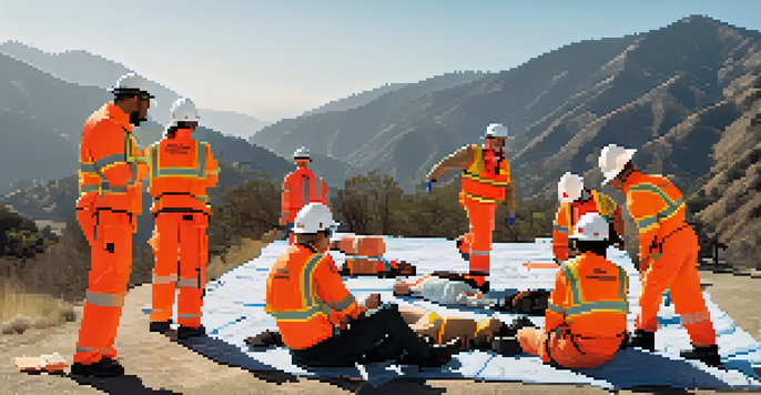 A group of CERT volunteers in orange vests training outdoors, practicing first aid on a dummy with mountains in the background.