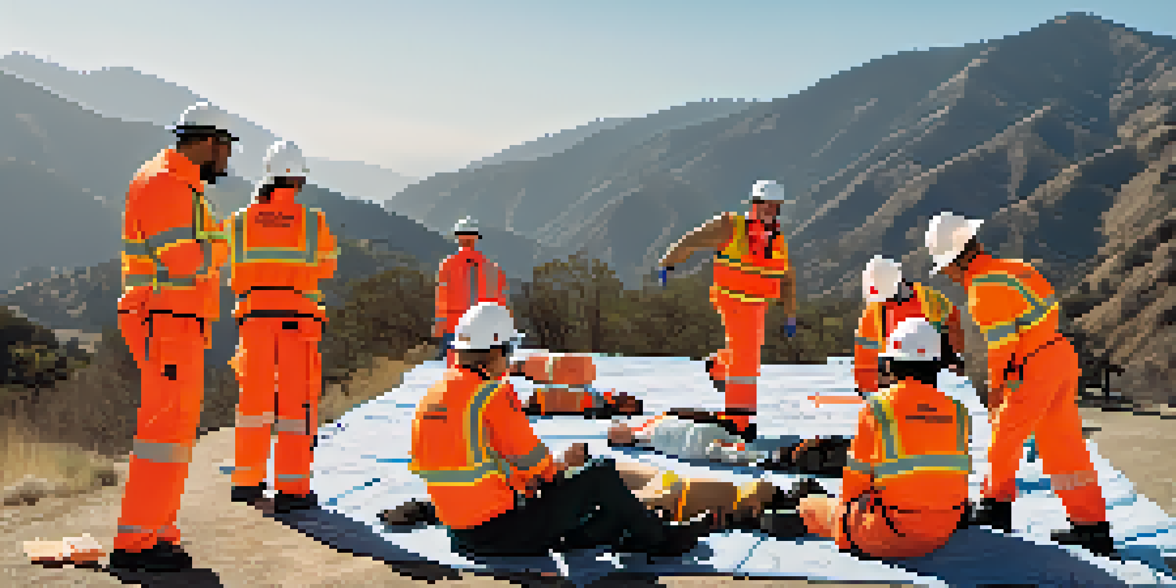 A group of CERT volunteers in orange vests training outdoors, practicing first aid on a dummy with mountains in the background.