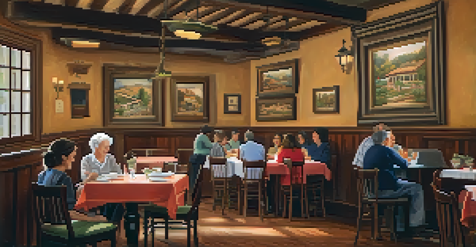 A family-owned Italian restaurant interior with wooden tables and a grandmother serving homemade pasta, creating a warm atmosphere.