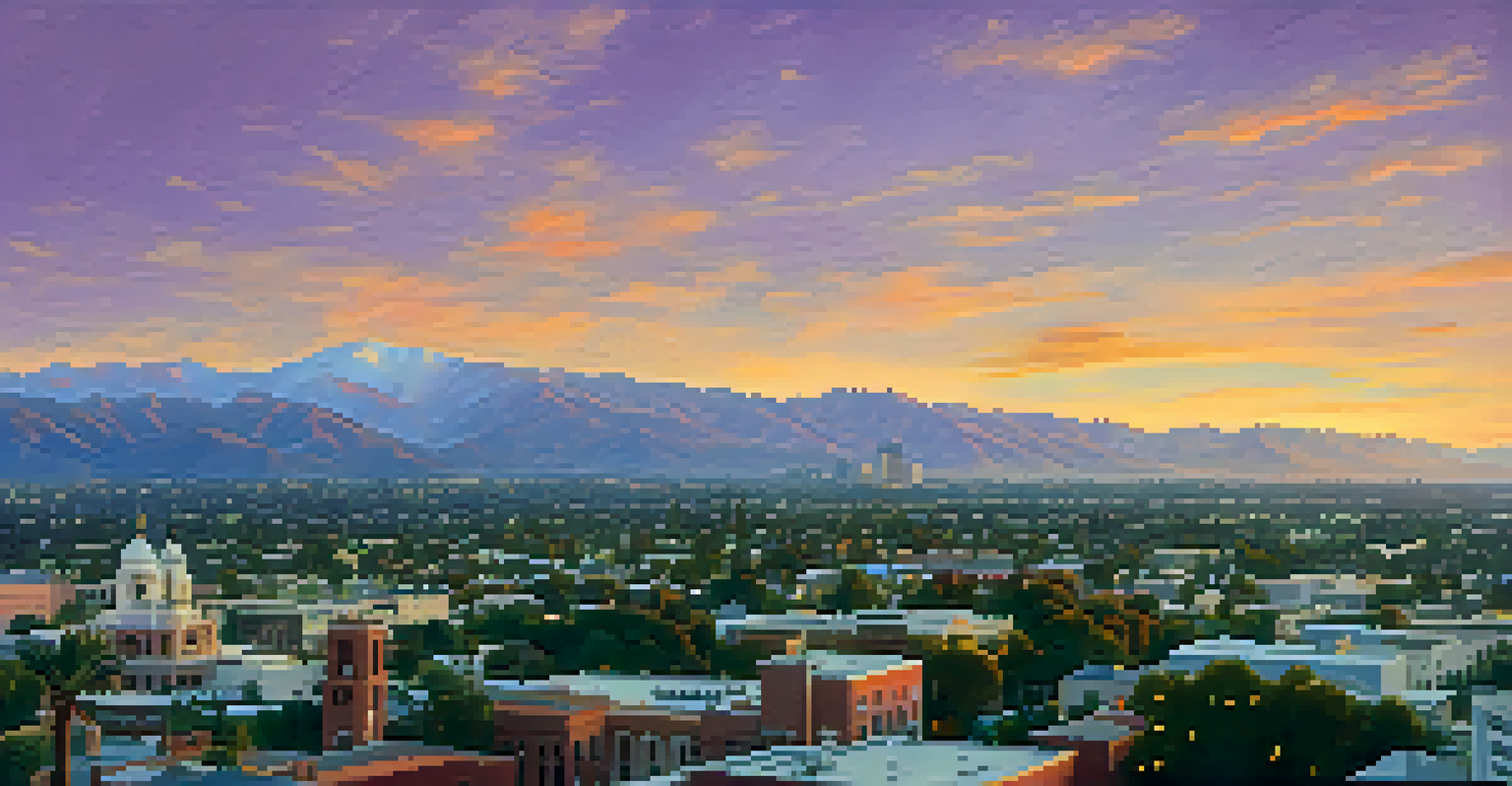 Aerial view of Pasadena's skyline during sunset, featuring historic and modern buildings with colorful sky and mountains in the background.