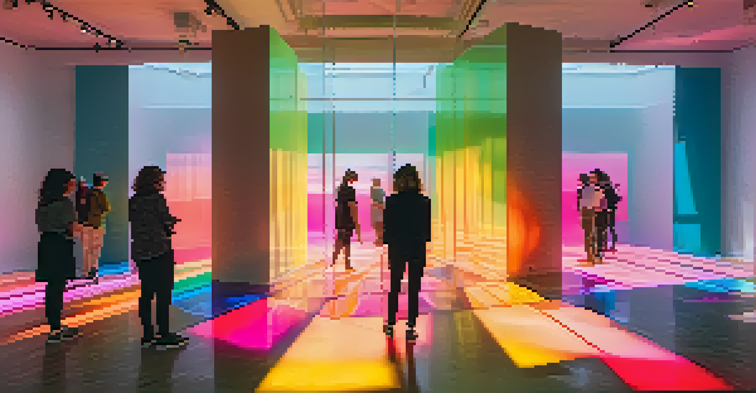A colorful art installation with refracted light and shadows, showcasing visitors interacting within the space.