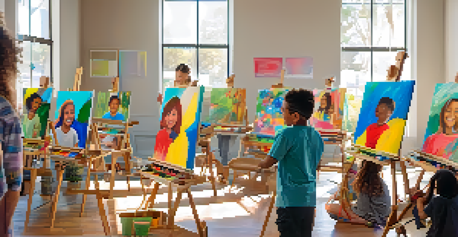 A group of diverse children participating in a community art class, painting on canvases with colorful supplies and sunlight streaming through the windows.