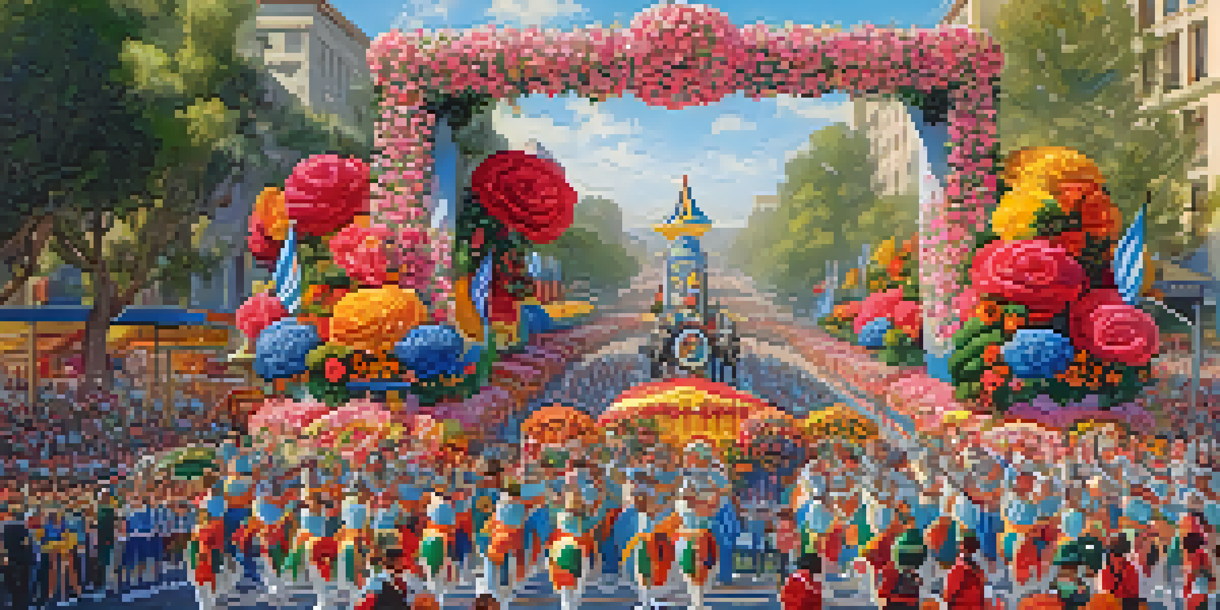 A colorful Rose Parade float decorated with roses, surrounded by spectators and marching bands under a clear blue sky.