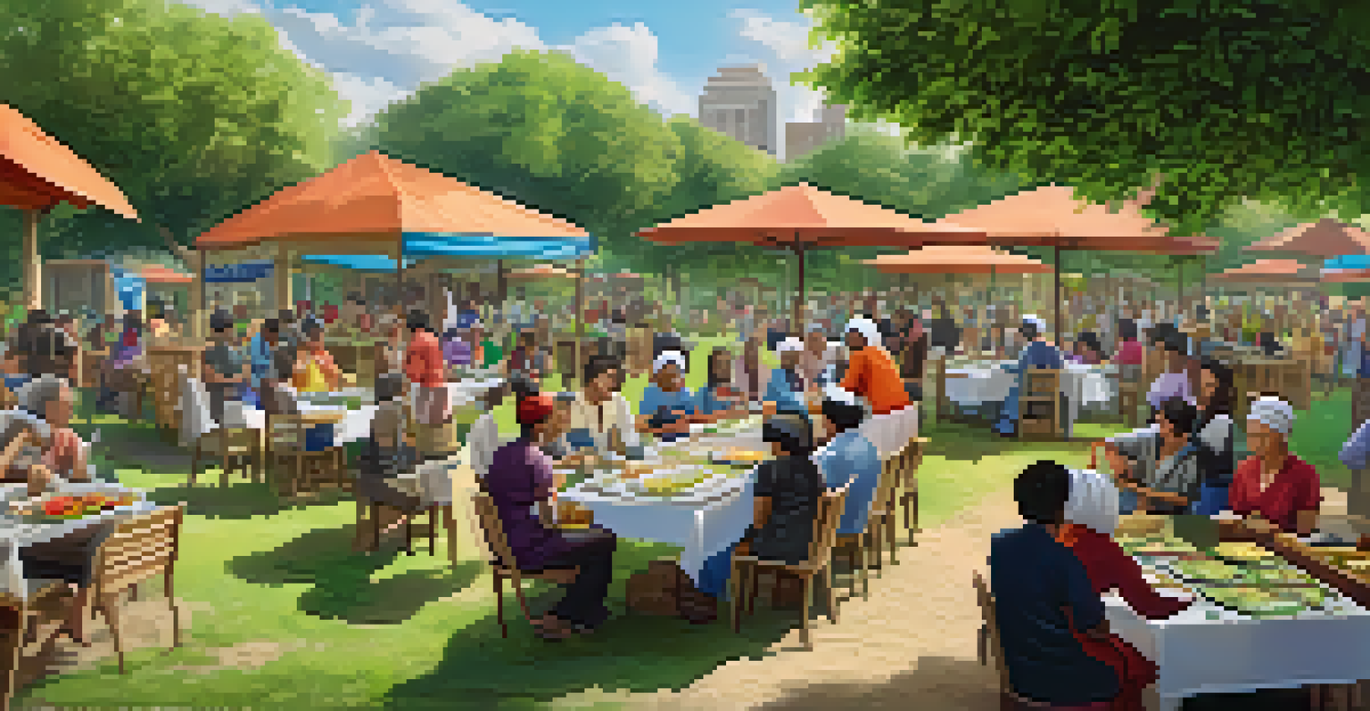 Residents participating in a cooking class outdoors, learning to prepare traditional dishes from different cultures in a park setting.